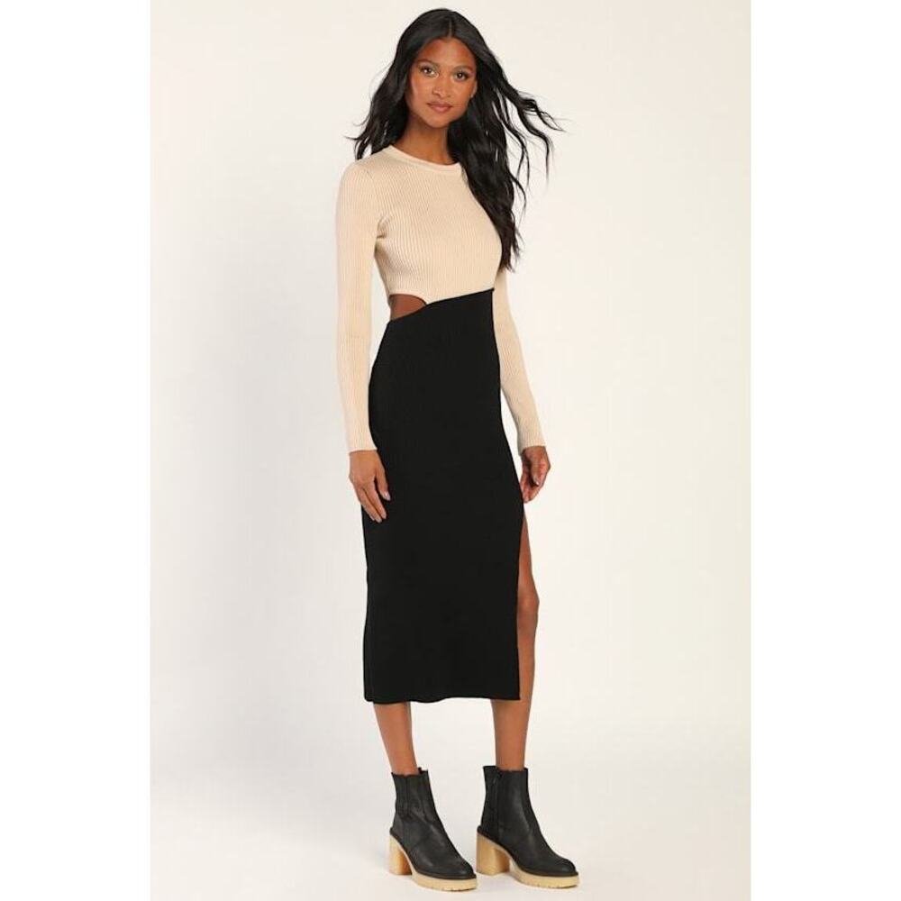 Lulus Cutest Combo Beige And Black Color Block Cutout Sweater Dress - Size L